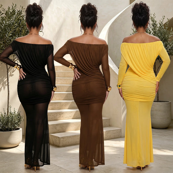 Mesh Off-Shoulder Ruched Long Sleeve Bodycon Dress for Formal Parties