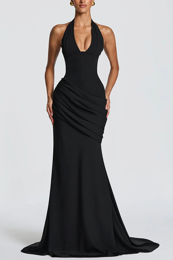 Solid Tie-Accent Sleeveless Backless Dress for Evening Wear