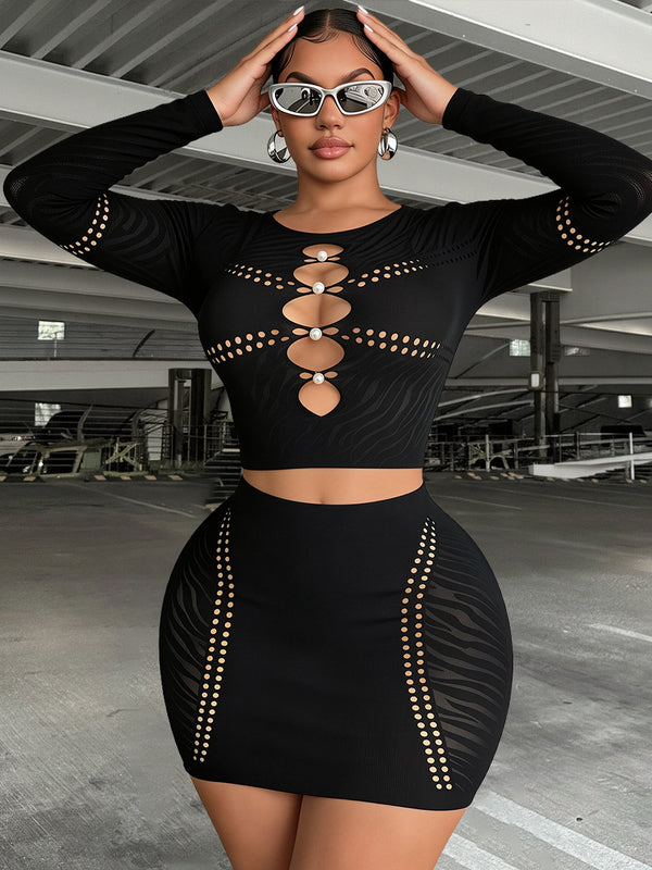 Black Pearl Hollow Knitted Bodycon Skirt Set for Autumn/Winter