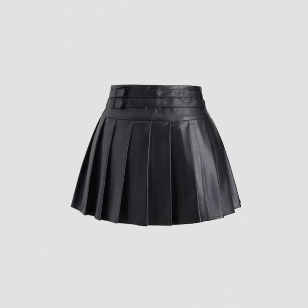 Women Black Pu Leather Pleated Skirt