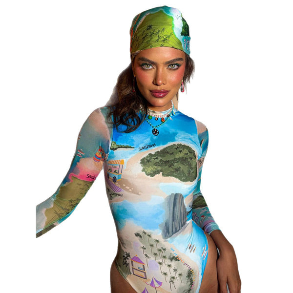 Mesh Patchwork Long Sleeve Zipper Surfing One-Piece Swimsuit