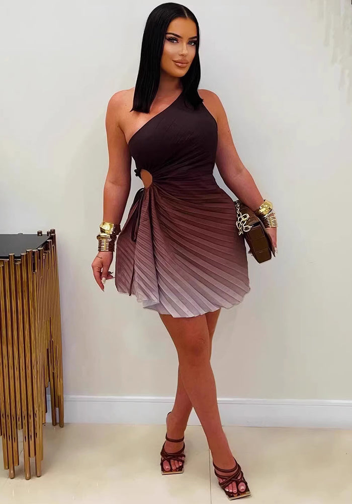 Sleeveless Slash-Shoulder Cutout Pleated Mini Dress for Parties