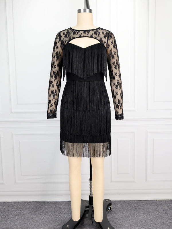 Lace Long Sleeve Cut-Out Heart Print Fringed Dress for Evening Parties