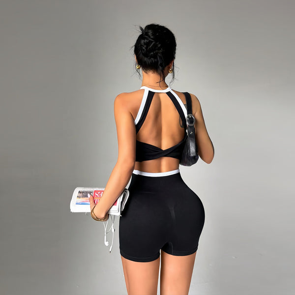 Color Block Backless Top & Shorts Two-Piece Set for Yoga & Fitness