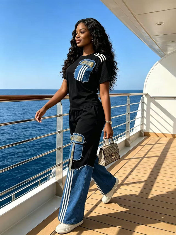 Denim Patchwork Beaded Short-Sleeve Top & Wide-Leg Pants Set for Summer