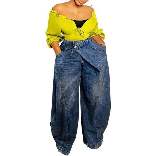 Washed Denim Wide Leg Pants with Pockets for Casual Streetwear
