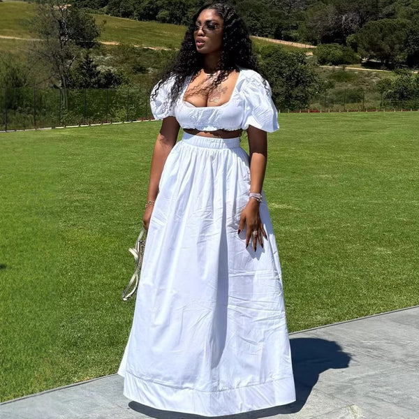 Women White Square Neck Puff Sleeve Crop Top and Skirt Two-Piece Set