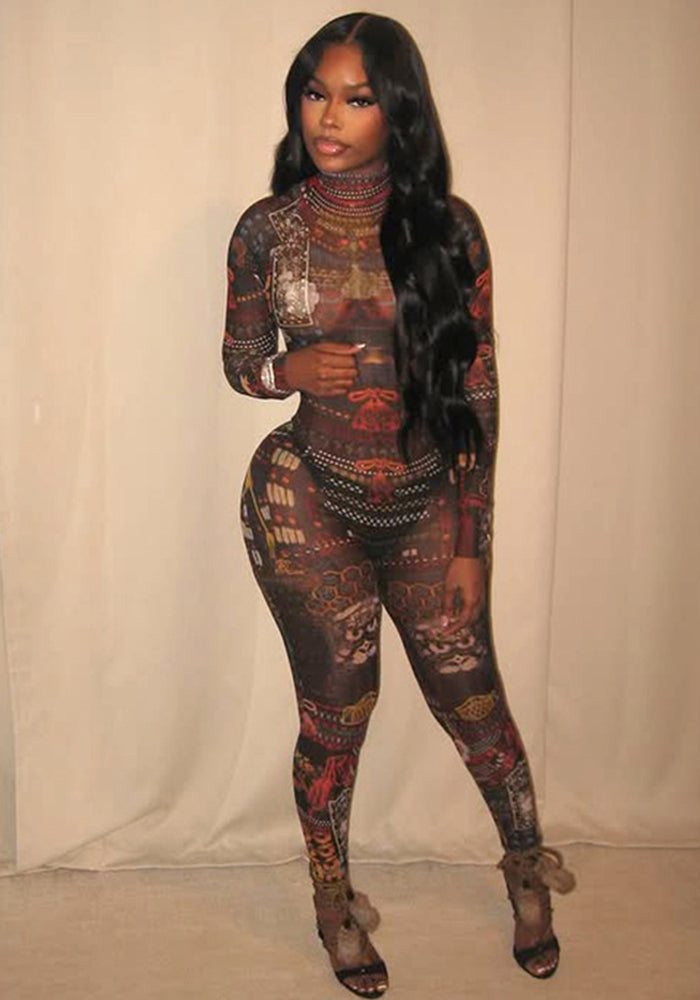 Mesh See-Through Printed Jumpsuit for Spring Evening Wear