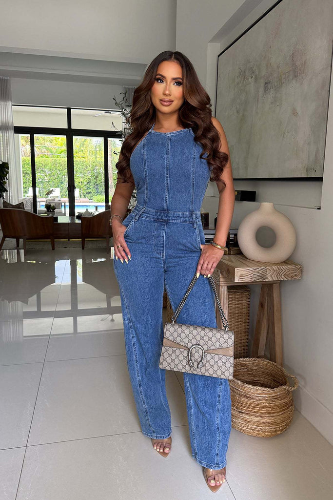 Halter Backless Slim-Fit Wide-Leg Denim Jumpsuit