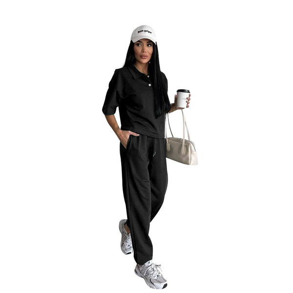 Solid Turndown Collar Short Sleeve Top & Tight Pants Set