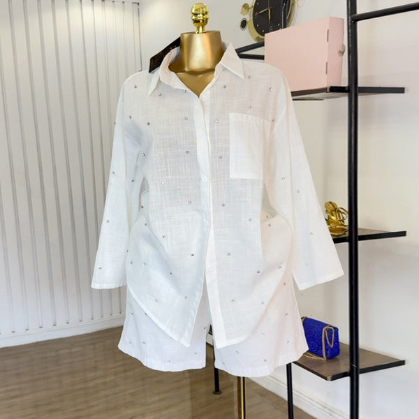 Beaded Turndown Collar Shirt & Wide-Leg Shorts Set for Summer
