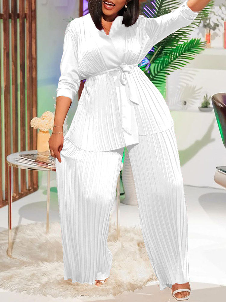 Pleated Long Sleeve Shirt and Pants Set with Belt