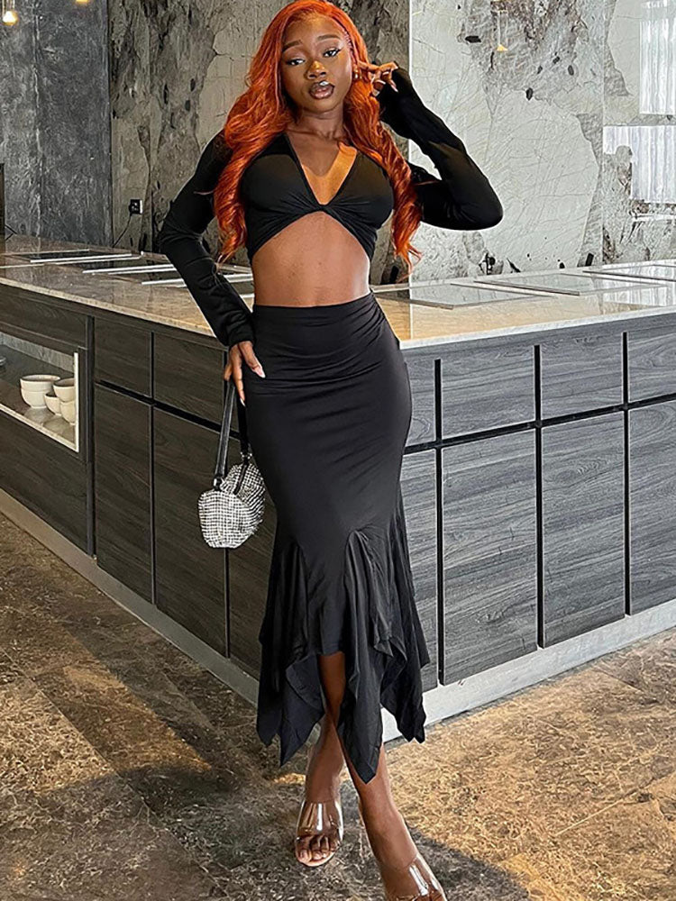 Long Sleeve Top Midi Fishtail Skirt Two-Piece Set