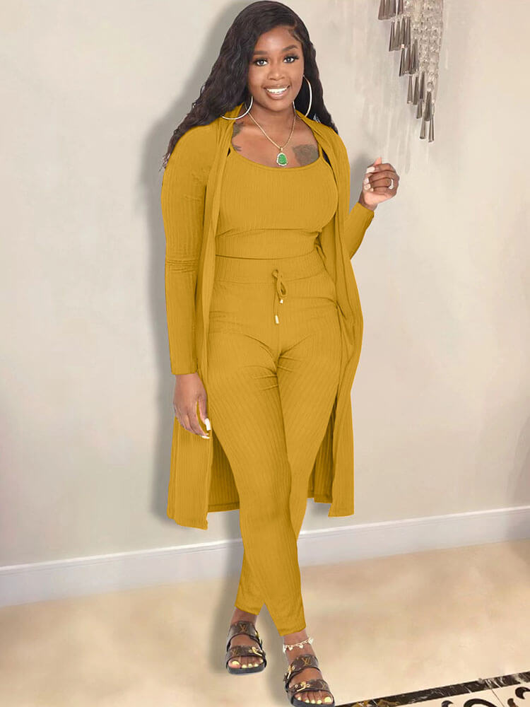 Open Front Cardigan Long Pants Three Piece Outfits