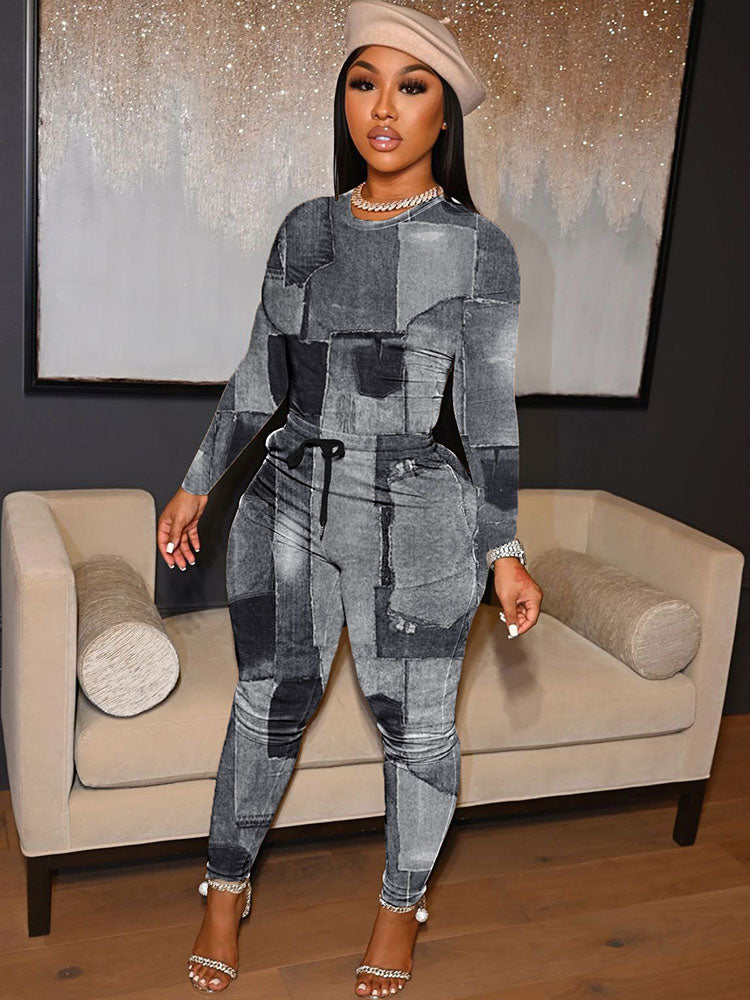 Drawstring Pocket Denim Print Two-Piece Set