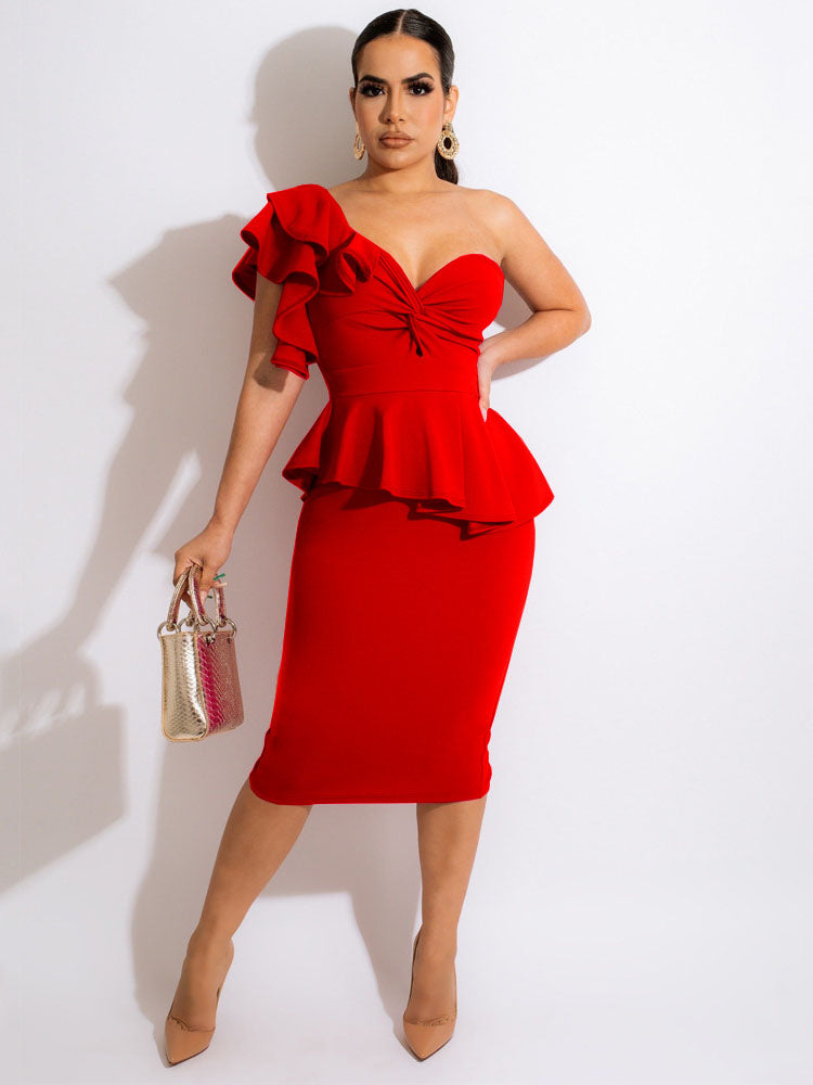 One Shoulder Ruffle Bodycon Midi Dress