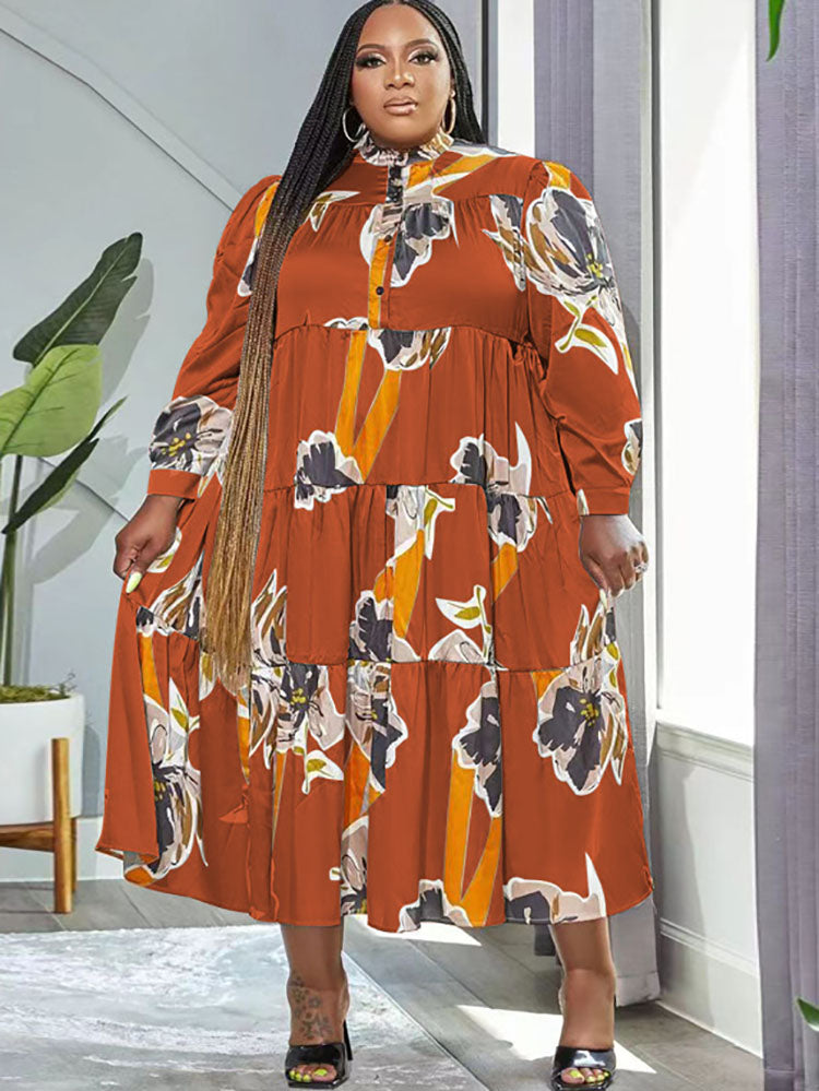 Plus Size Long Sleeves Floral Print Maxi Dresses