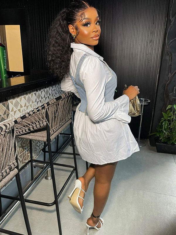 Denim Vest Flared Sleeve Mini Shirt Dress Set
