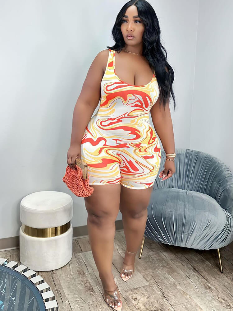 Sleeveless Swirl Print Rompers