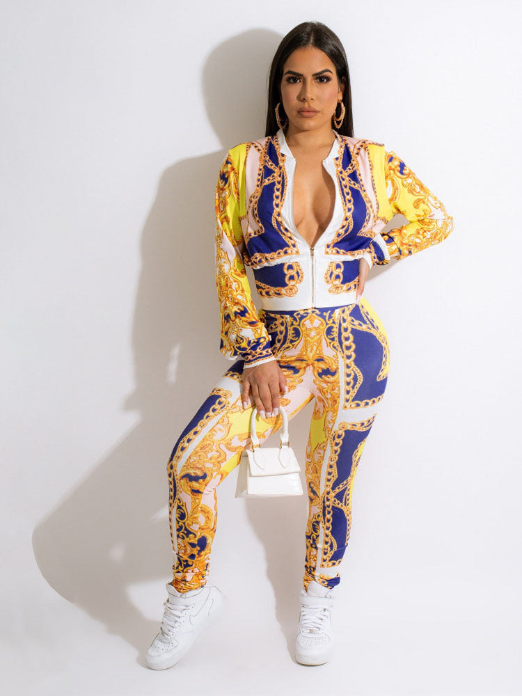 Two Piece Zip Up Print Tops & Bodycon Long Pants