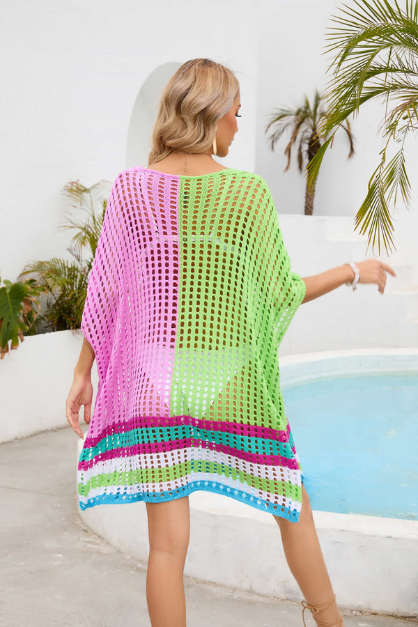Sunset and Swim Contrast Scoop Neck Openwork Half Sleeve Swimsuit Coverup