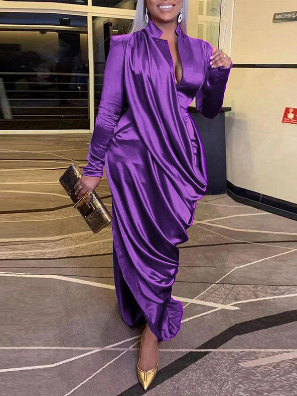 Ruched Long Sleeve Asymmetrical Maxi Dress