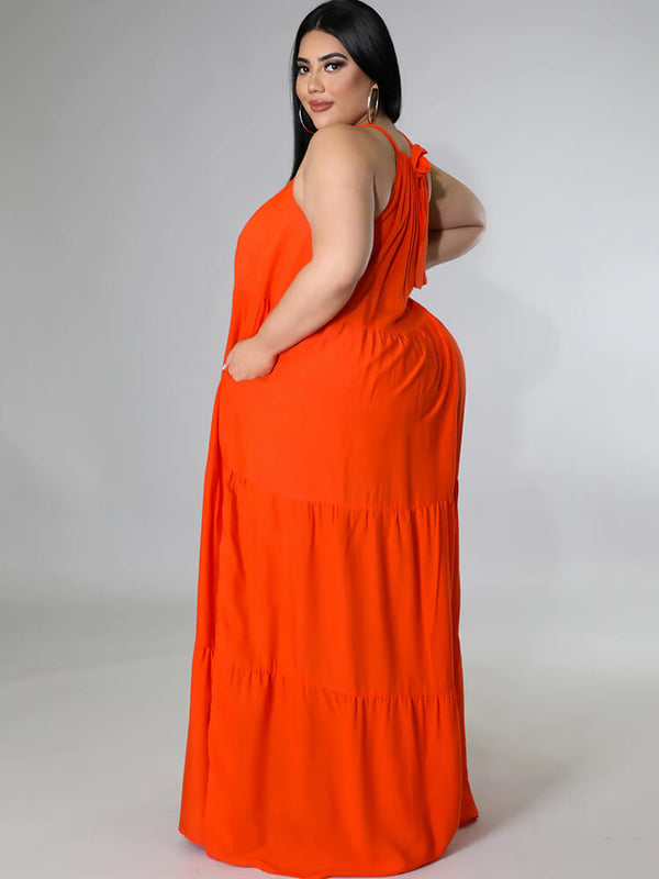 Halter Neck Sleeveless Lace Up Ruffle Swing Maxi Dress