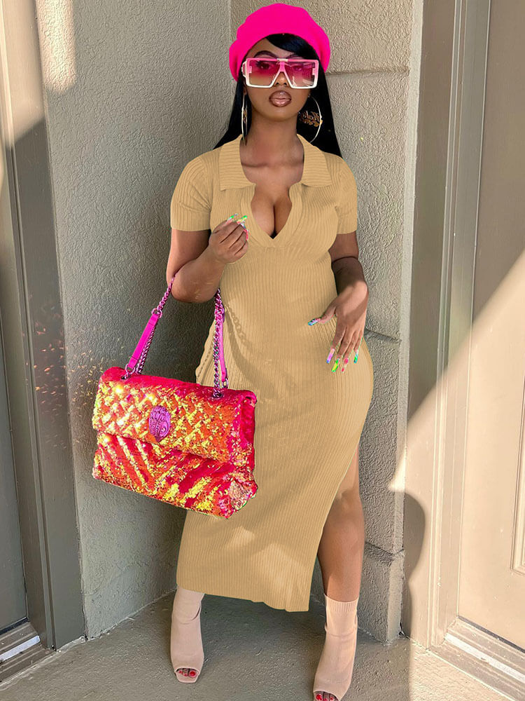 Short Sleeve V Neck Knitted Maxi Dresses