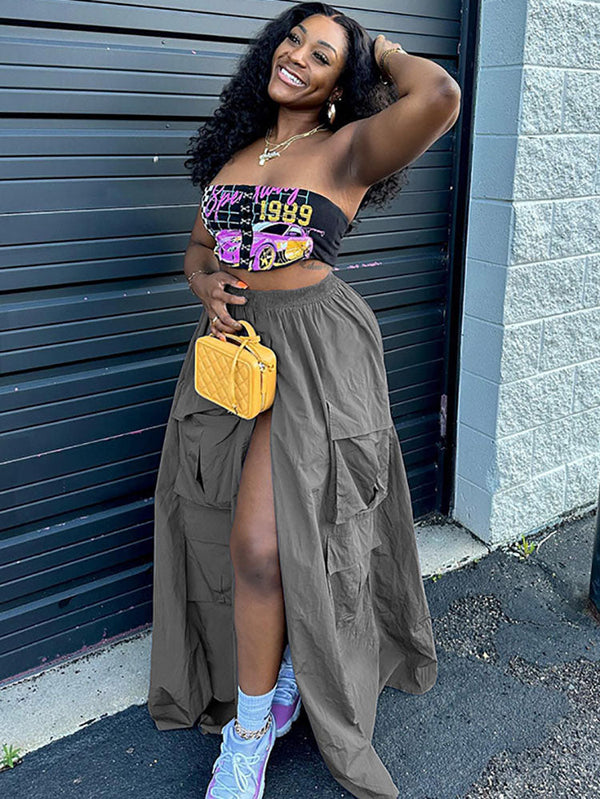 Multi-Pocket Split Hem Maxi Skirt