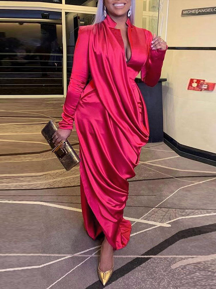 Ruched Long Sleeve Asymmetrical Maxi Dress