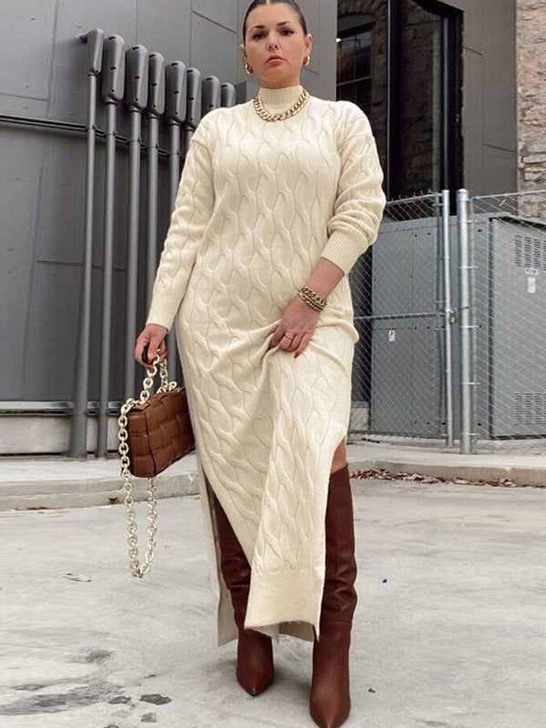 Split Mock Neck Long Sleeve Knit Maxi Dress