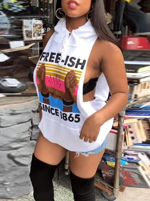 Sleeveless Letter Printed Bodycon Hooded Tops