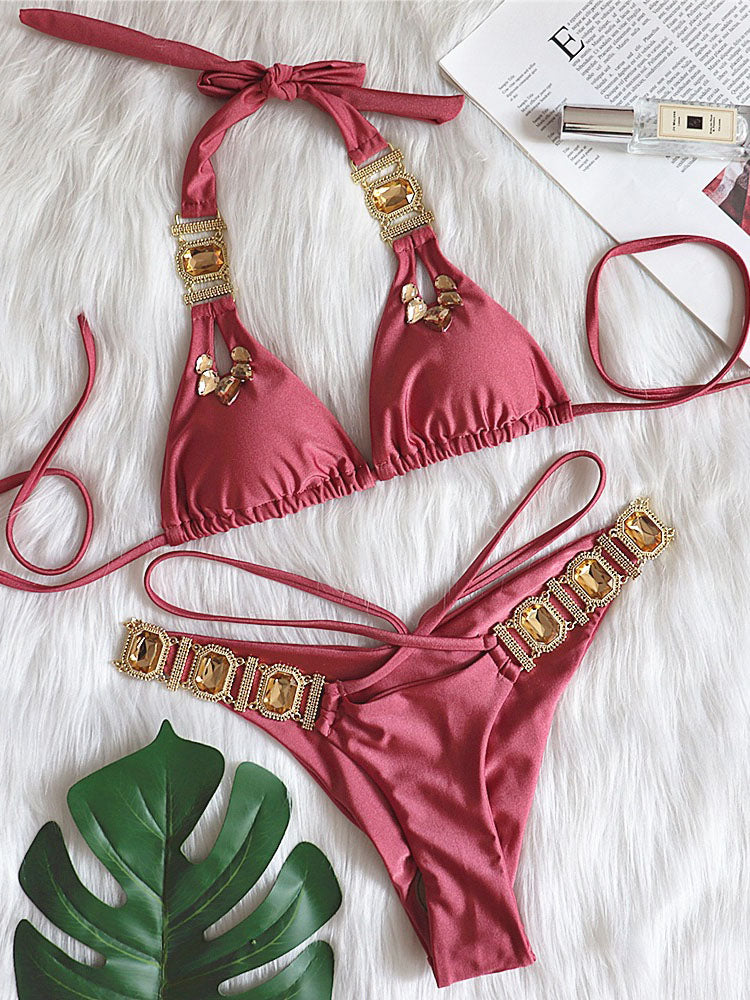 Two Piece Rhinestone Halter Bikini Swimsuits