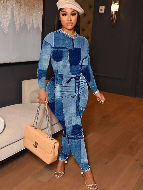 Drawstring Pocket Denim Print Two-Piece Set