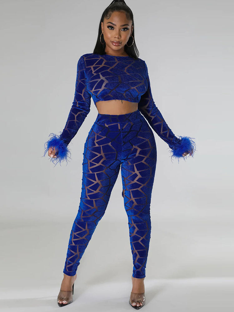 Two Piece Mesh Crop Tops & Long Pants