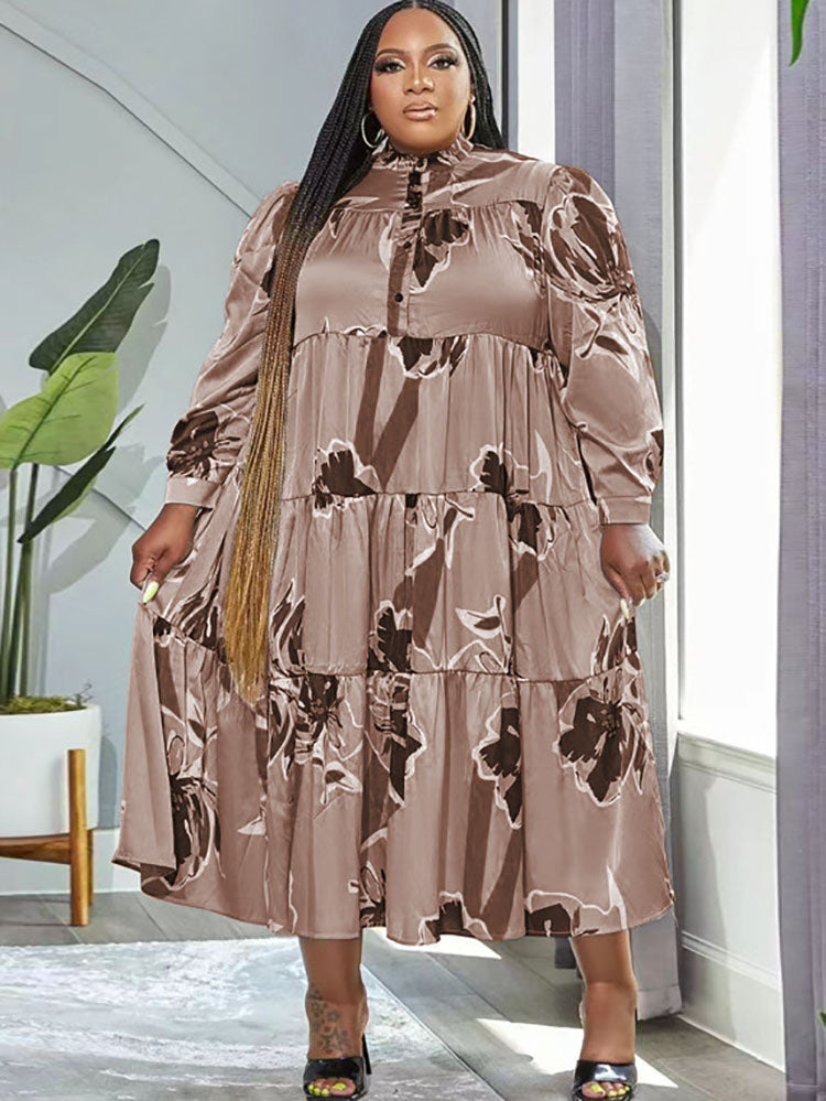 Plus Size Long Sleeves Floral Print Maxi Dresses
