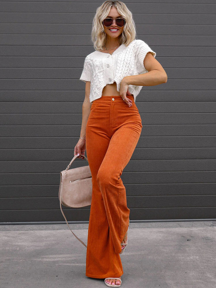 High Waist Solid Color Flares Long Pants
