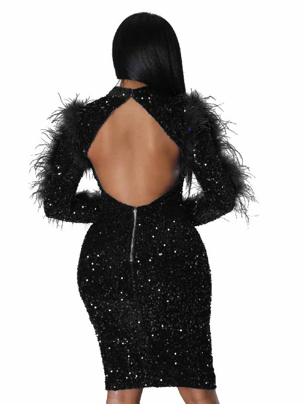 Mock Neck Feather Sequin Midi Dresses