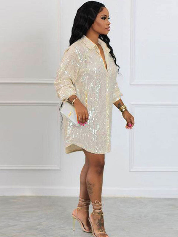 Glitter Sequins Long Sleeve Mini Shirt Dress