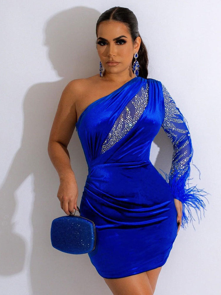 One Shoulder Rhinestone Bodycon Mini Dresses