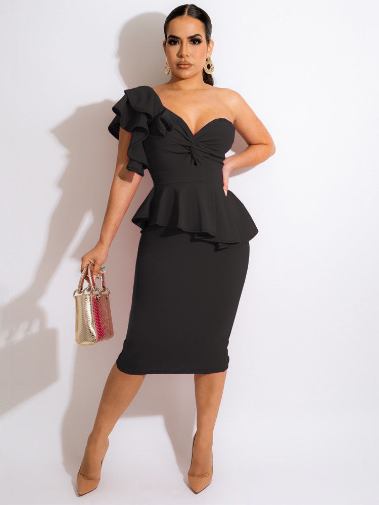One Shoulder Ruffle Bodycon Midi Dress
