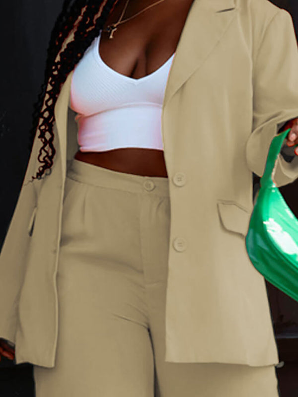 Two Piece Long Sleeve Solid Color Blazer Long Pants Set