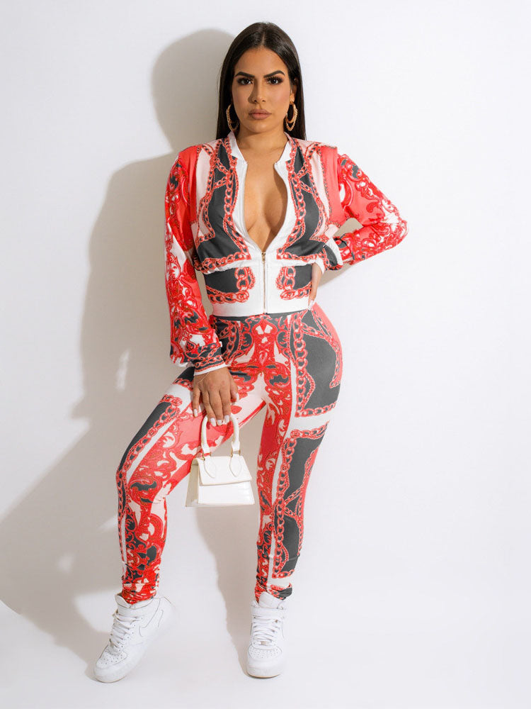 Two Piece Zip Up Print Tops & Bodycon Long Pants