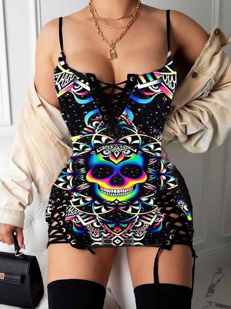 Halloween Spaghetti Strap Skull Print Mini Dresses
