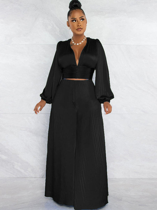 V Neck Crop Top Pleated Wide Leg Long Pants Set