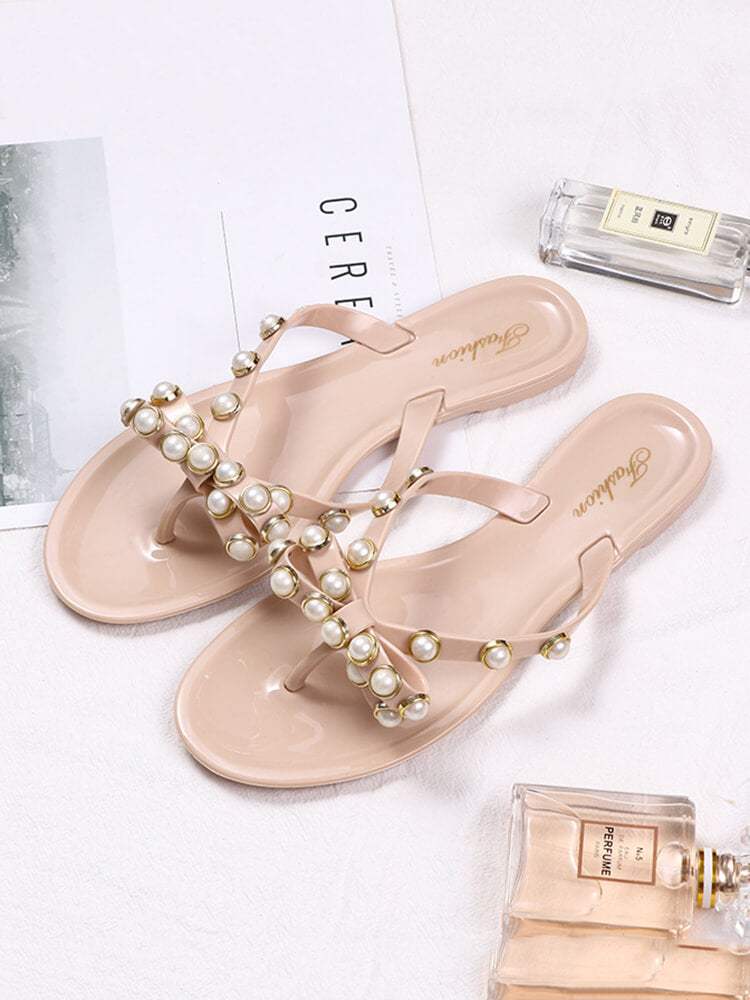 Pearl Rivets Patchwork Flip Flops