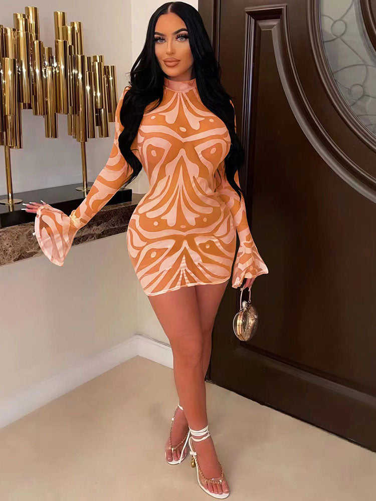 Mesh Long Sleeve Print Bodycon Mini Dresses