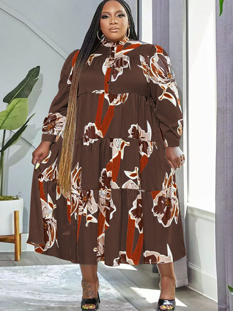 Plus Size Long Sleeves Floral Print Maxi Dresses