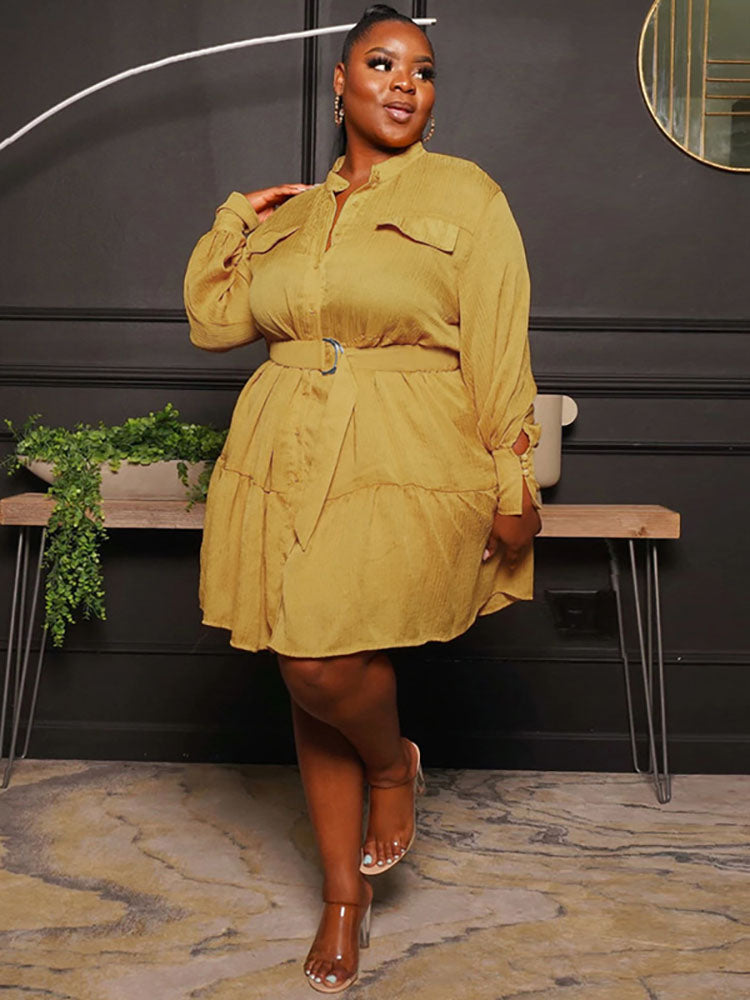Plus Size Long Sleeves Ruffle Hem Midi Shirt Dresses