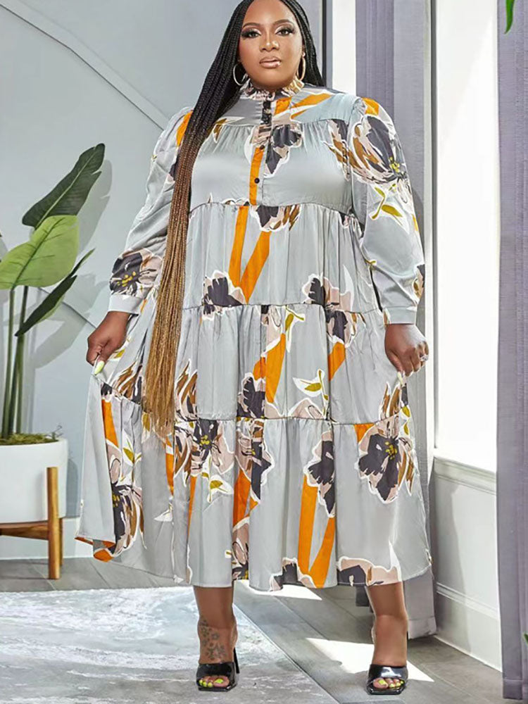 Plus Size Long Sleeves Floral Print Maxi Dresses